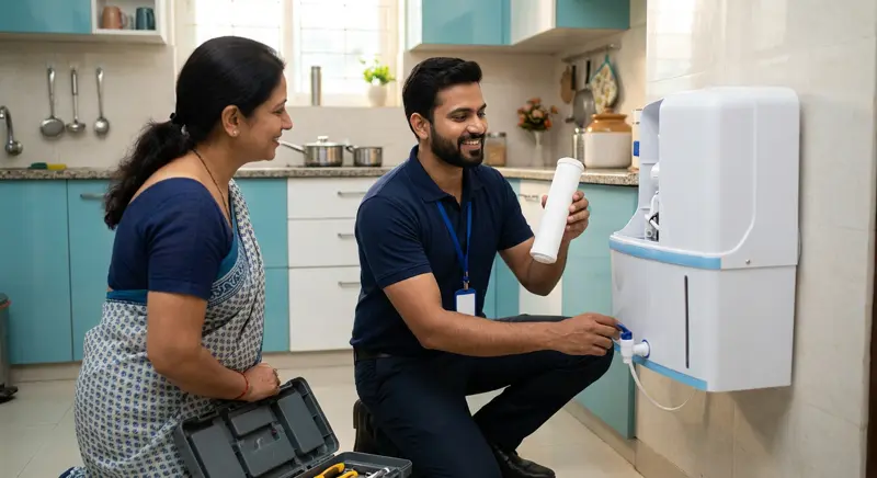 AquaDoctor technician performing doorstep water purifier service