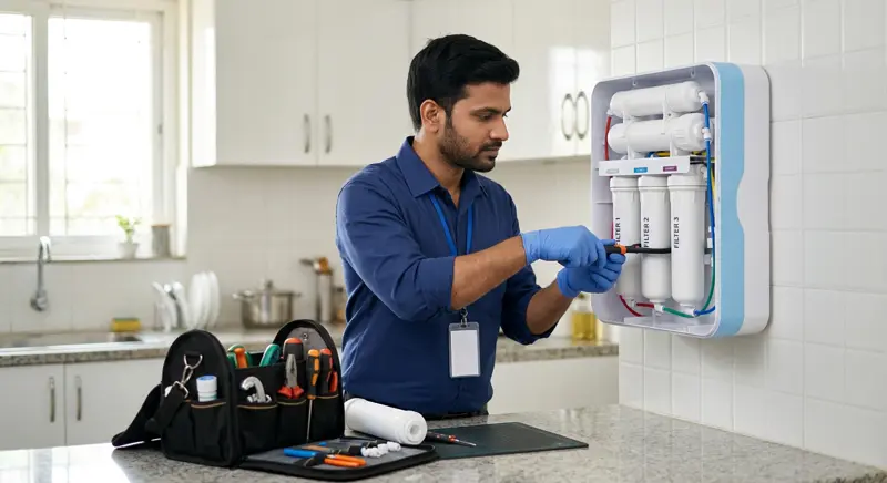 Professional technician repairing an RO water purifier