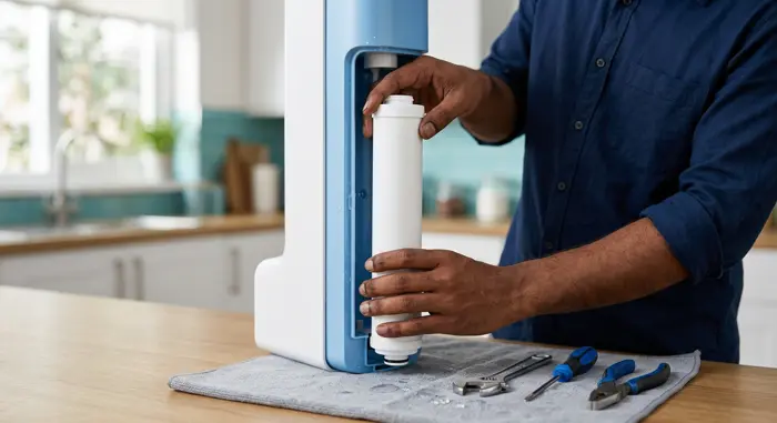 Technician installing a new filter cartridge into a water purifier