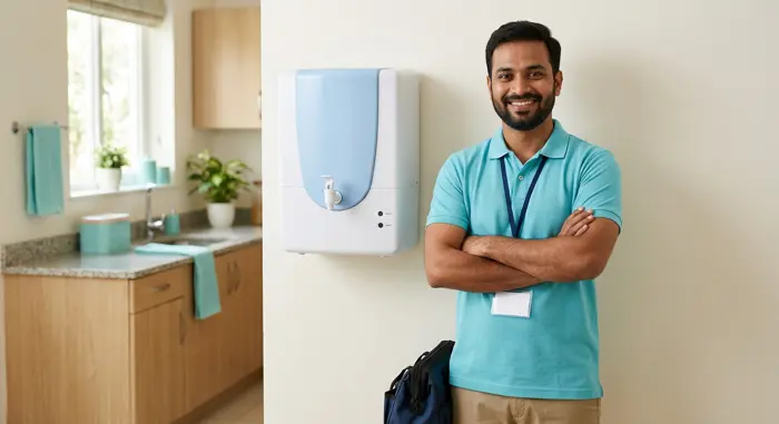 Professional AquaDoctor technician ready for a doorstep service visit