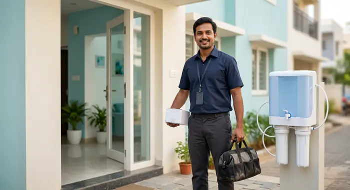 AquaDoctor technician arriving for a doorstep water purifier service visit